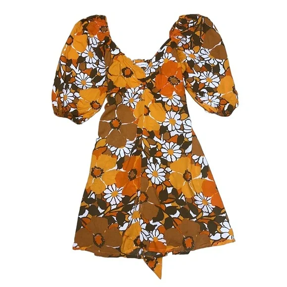 Faithfull The Brand Martine Mini Dress in Orange Isola Floral Boho Retro Size 6 - Picture 1 of 15